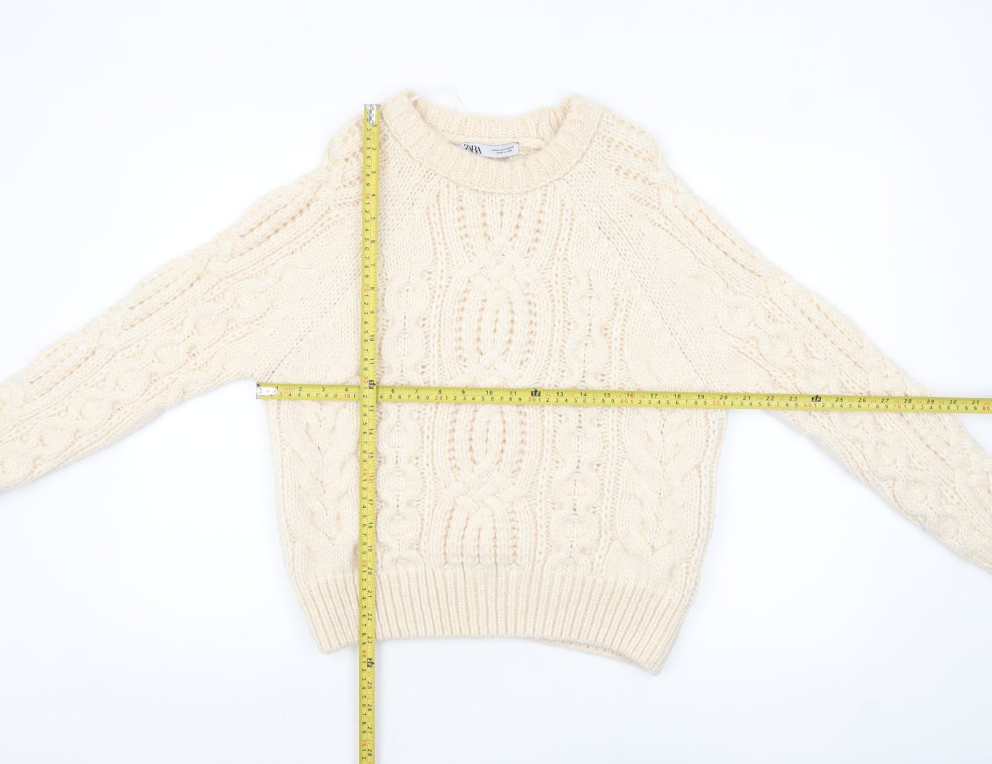 Zara Women Ivory Cable-Knit Wool Blend Pullover Jumper M