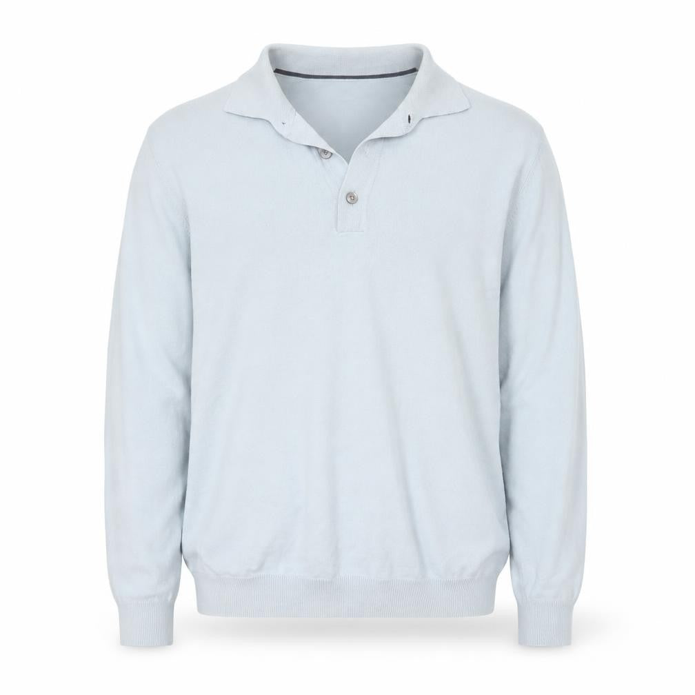 Front view of Next Men's Blue Collared Henley Jumper, size M, Cotton Blend