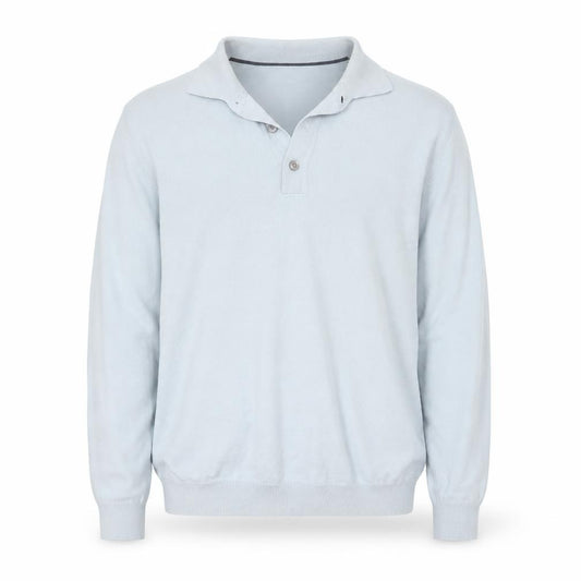 Front view of Next Men's Blue Collared Henley Jumper, size M, Cotton Blend