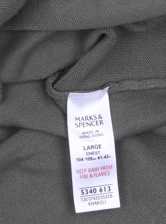 Marks and Spencer Men's Khaki V-Neck Cotton Jumper Large