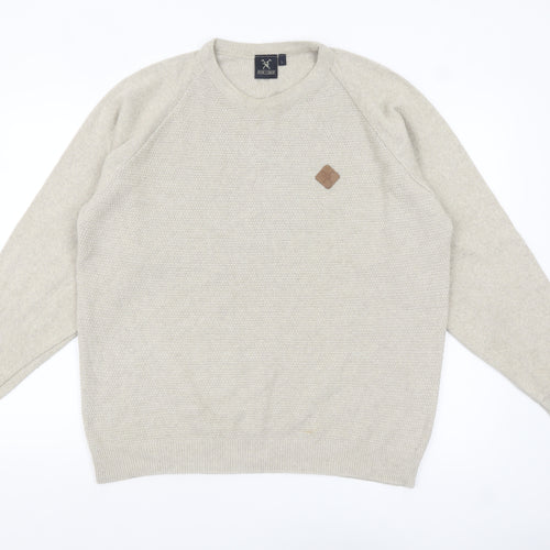 Fox & Crop Men's Beige Cotton Acrylic Crew Neck Jumper Size L