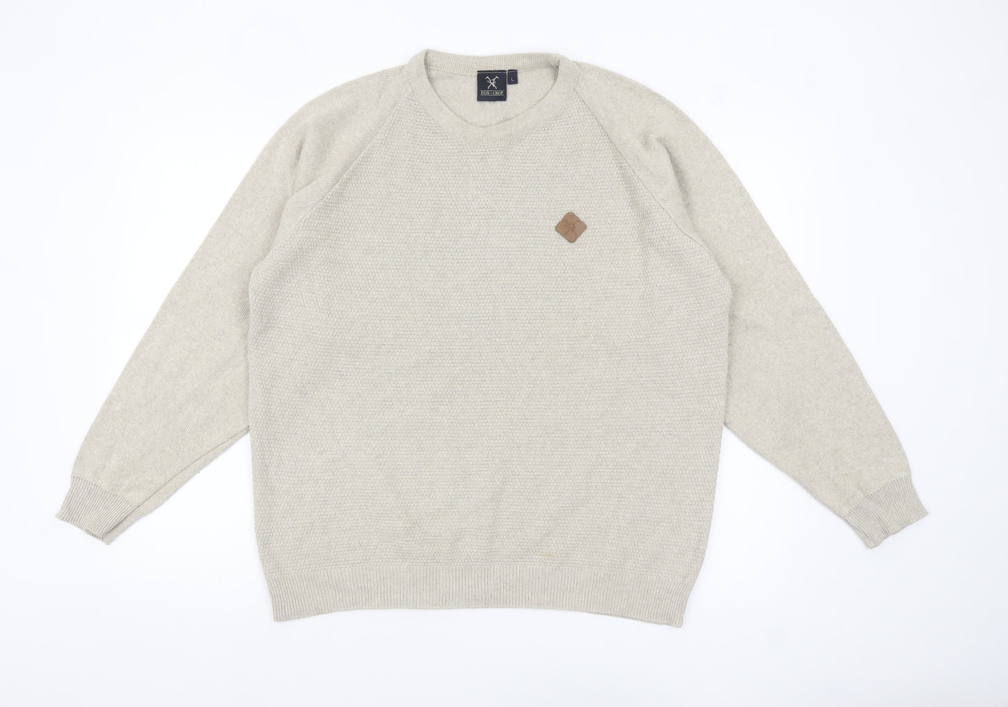 Fox & Crop Men's Beige Cotton Acrylic Crew Neck Jumper Size L