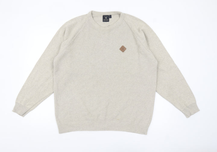 Fox & Crop Men's Beige Cotton Acrylic Crew Neck Jumper Size L
