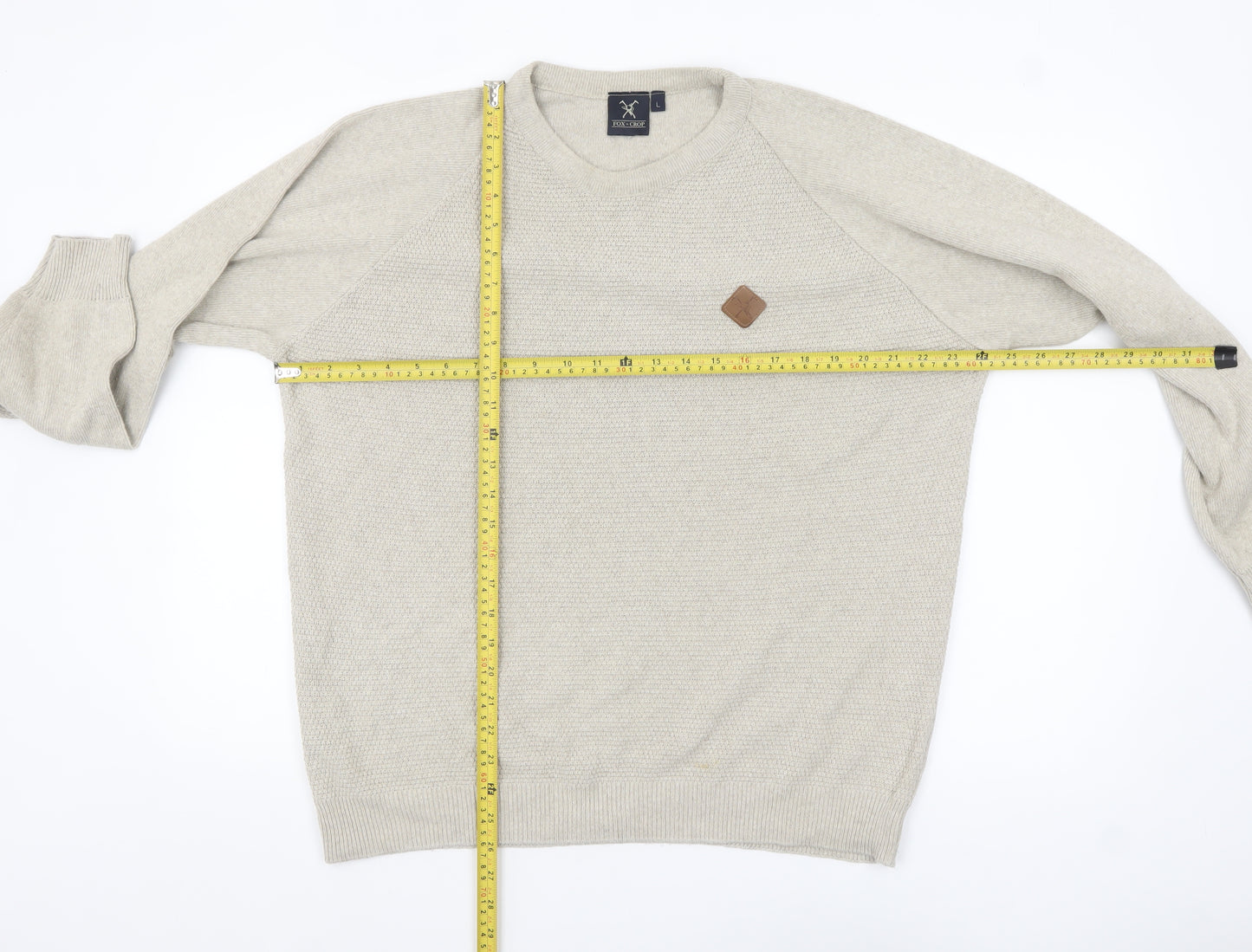 Fox & Crop Men's Beige Cotton Acrylic Crew Neck Jumper Size L