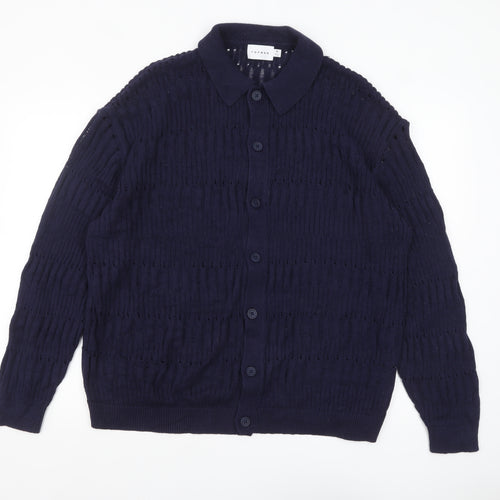 Topman Men’s Blue Collared Open-Knit Cotton Cardigan XL