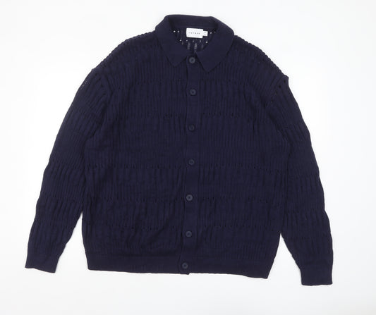Topman Men’s Blue Collared Open-Knit Cotton Cardigan XL