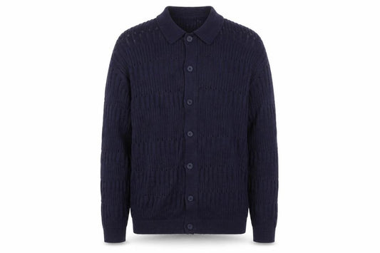 Front view of Topman Men’s Blue Collared Open-Knit Cotton Cardigan XL