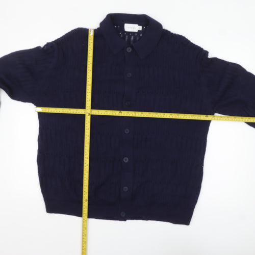 Topman Men’s Blue Collared Open-Knit Cotton Cardigan XL