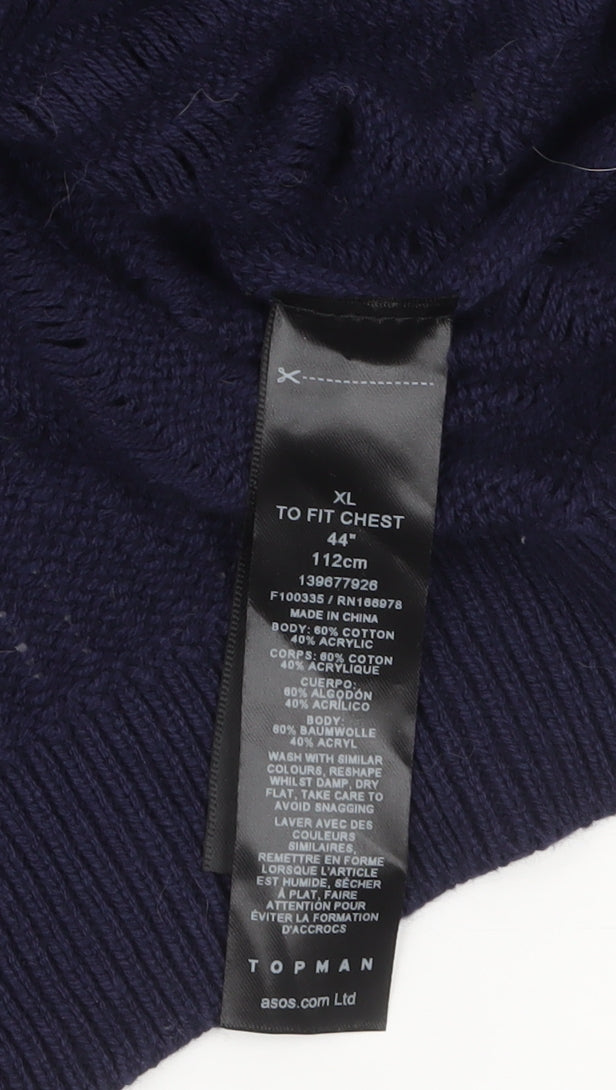 Topman Men’s Blue Collared Open-Knit Cotton Cardigan XL