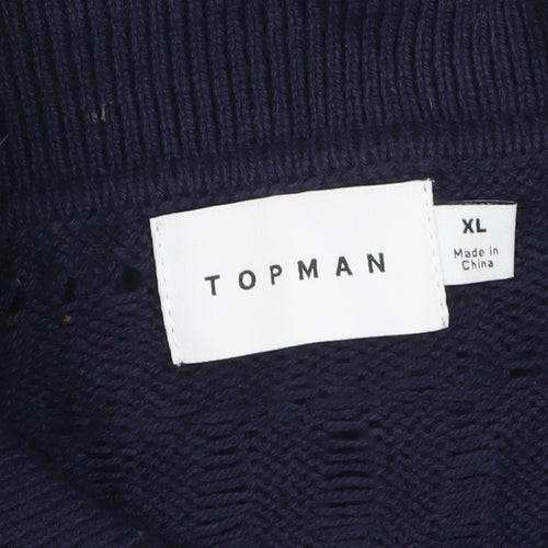 Topman Men’s Blue Collared Open-Knit Cotton Cardigan XL