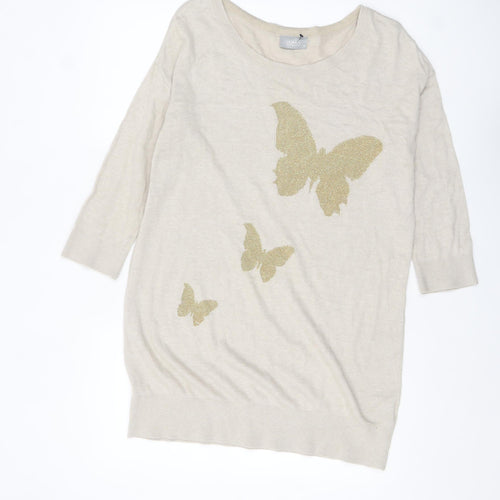 Wallis Womens Beige Butterfly Pullover Jumper M 3/4 Sleeve Cotton Blend