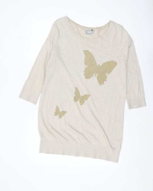 Wallis Womens Beige Butterfly Pullover Jumper M 3/4 Sleeve Cotton Blend