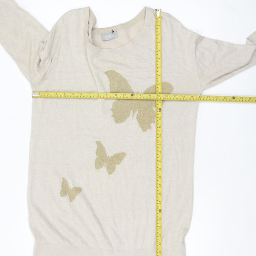 Wallis Womens Beige Butterfly Pullover Jumper M 3/4 Sleeve Cotton Blend