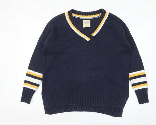 Hollister Women's Blue V-Neck Striped Knit Jumper Size S