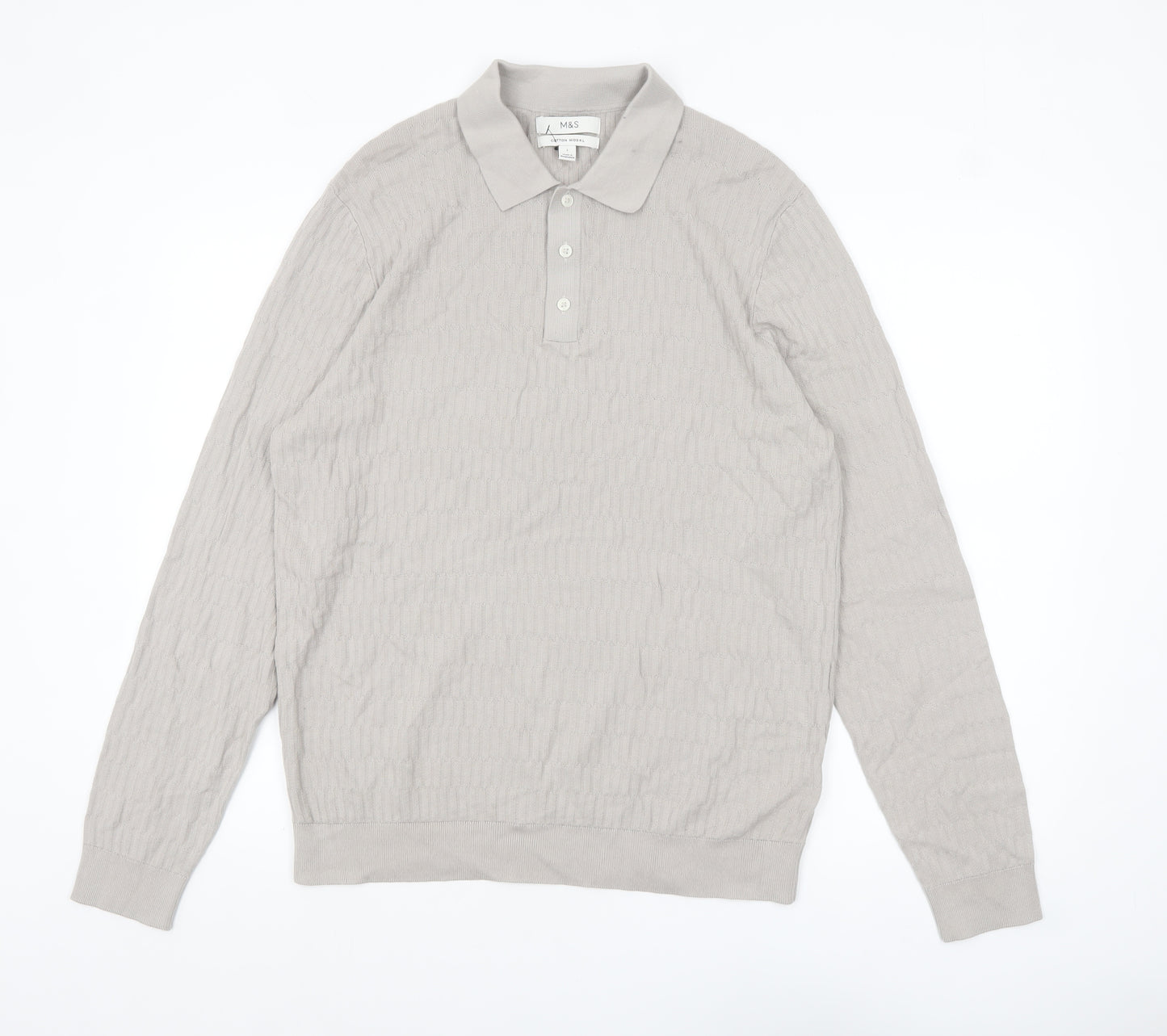 Marks and Spencer Mens Beige Cotton Modal Collared Henley Jumper L