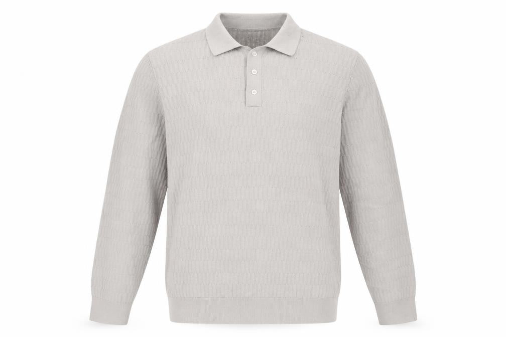 Front view of Marks & Spencer men’s beige cotton modal collared henley jumper l