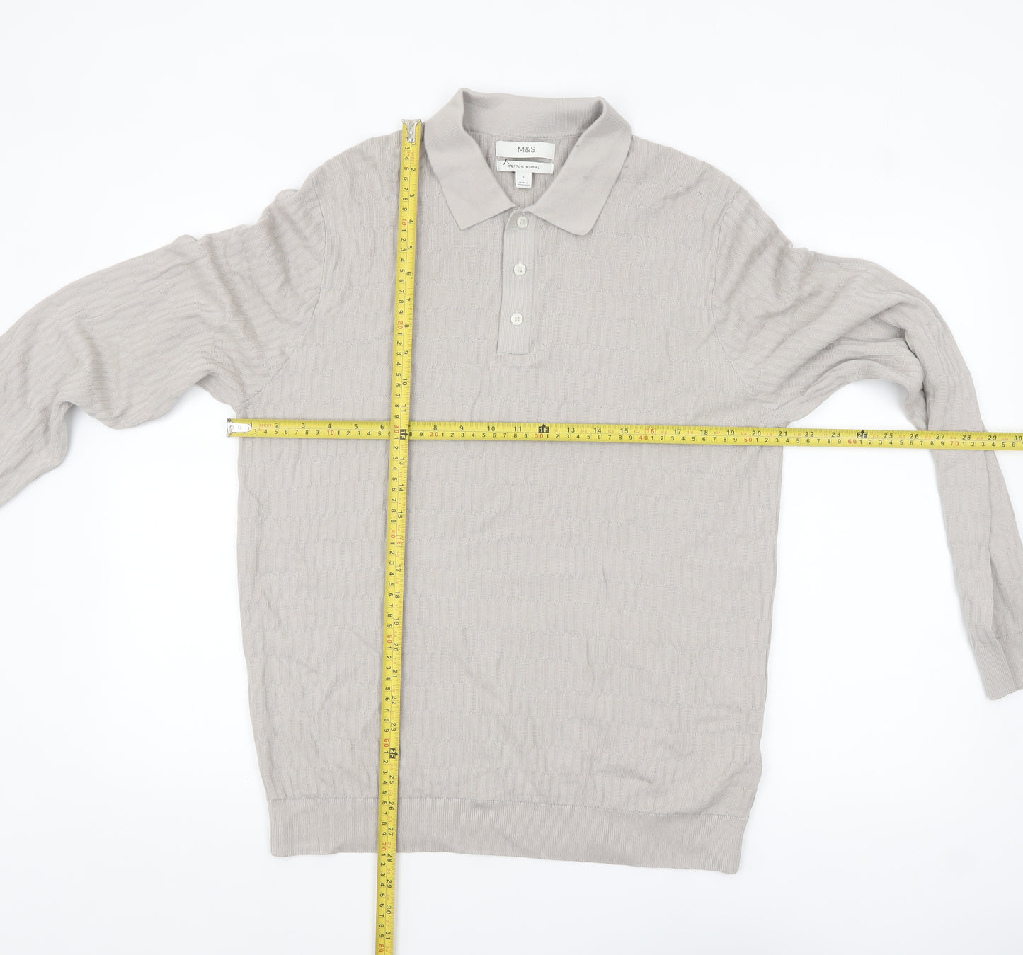 Marks and Spencer Mens Beige Cotton Modal Collared Henley Jumper L