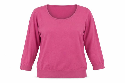 Front view of John Smedley women’s pink cotton 3/4 sleeve scoop neck jumper l