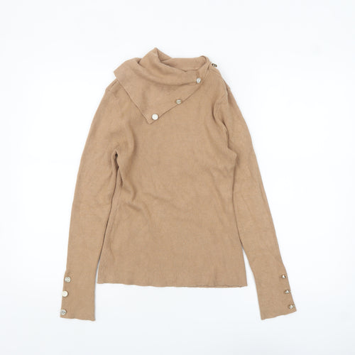 Lipsy Women Beige High Neck Button Detail Slim Fit Jumper Size 12