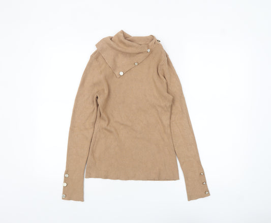 Lipsy Women Beige High Neck Button Detail Slim Fit Jumper Size 12