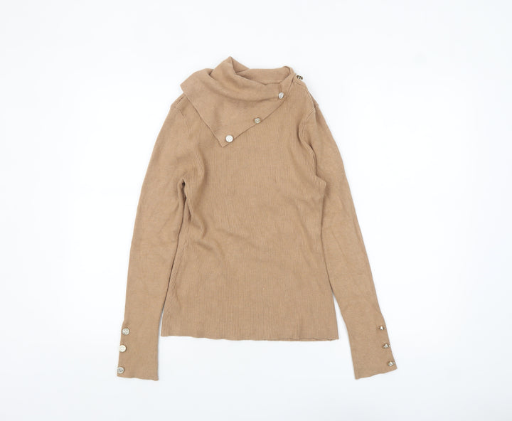 Lipsy Women Beige High Neck Button Detail Slim Fit Jumper Size 12