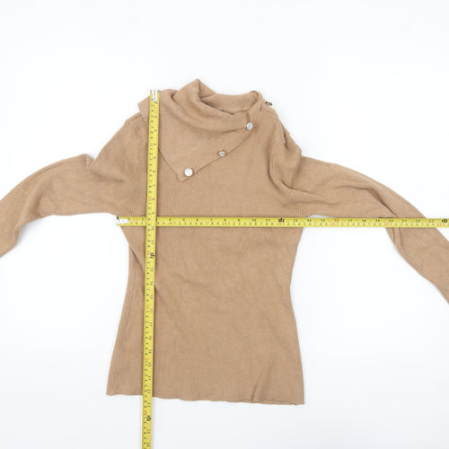 Lipsy Women Beige High Neck Button Detail Slim Fit Jumper Size 12