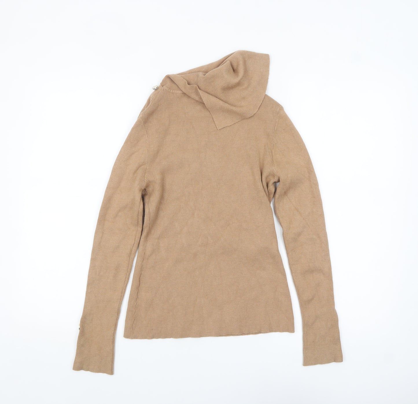 Lipsy Women Beige High Neck Button Detail Slim Fit Jumper Size 12