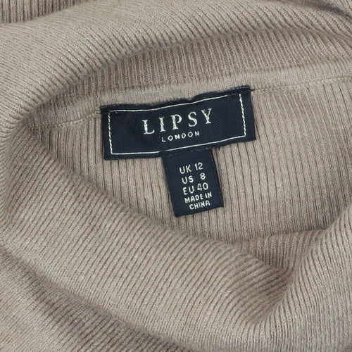 Lipsy Women Beige High Neck Button Detail Slim Fit Jumper Size 12