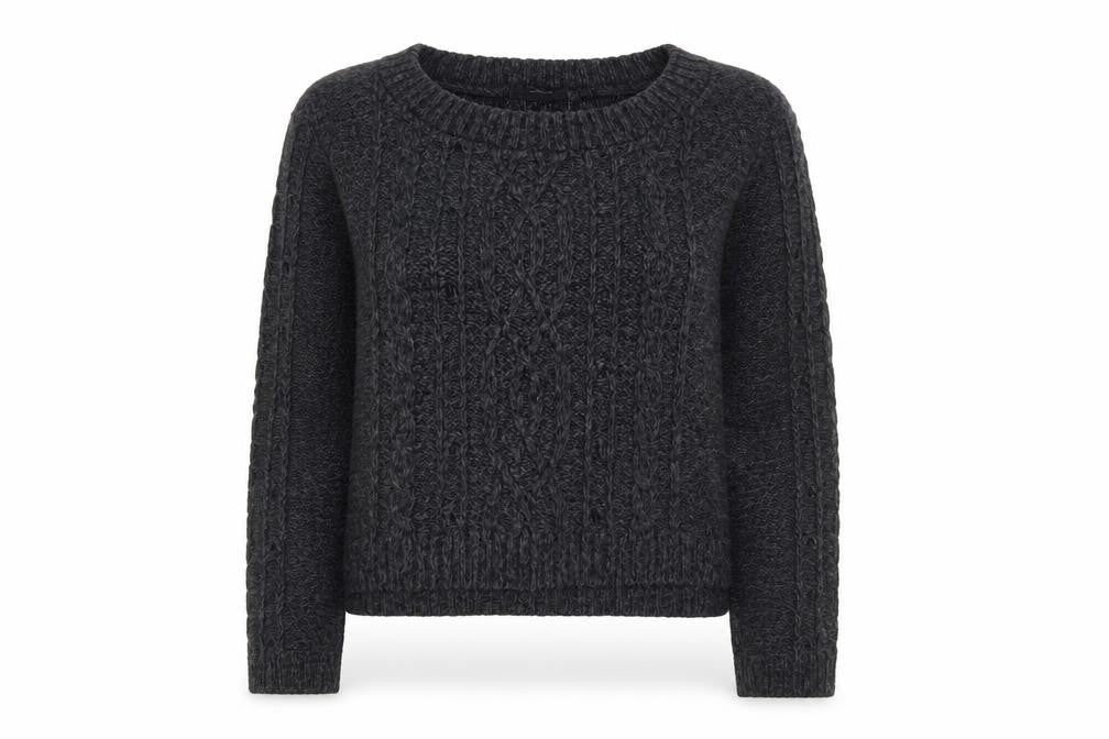 Front view of Pura Moda women’s black cable-knit jumper, size S