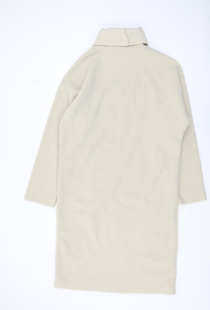ZARA Women Beige Wool Blend Roll Neck Shift Dress Size 10