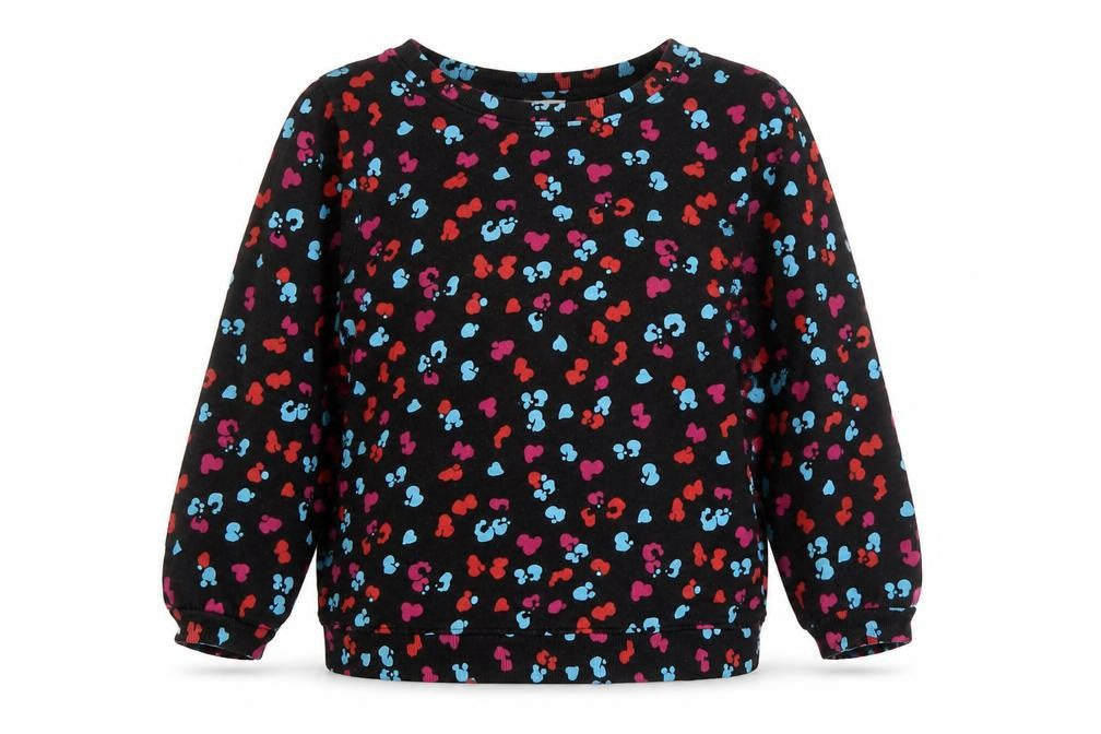 Front view of Hush women’s black multicoloured heart print pullover sweatshirt m