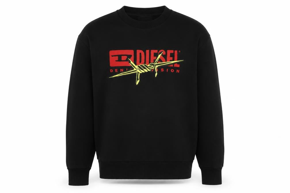 Front view of Diesel Men's Black Graphic Logo Pullover Sweatshirt, size M