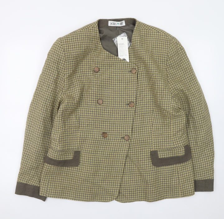 Jacques Vert Womens Green Houndstooth Blazer UK 18 Wool Blend Lined Double Breasted