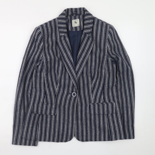 Tu Women Blue Striped Blazer Size 12 Single-Breasted Work Jacket