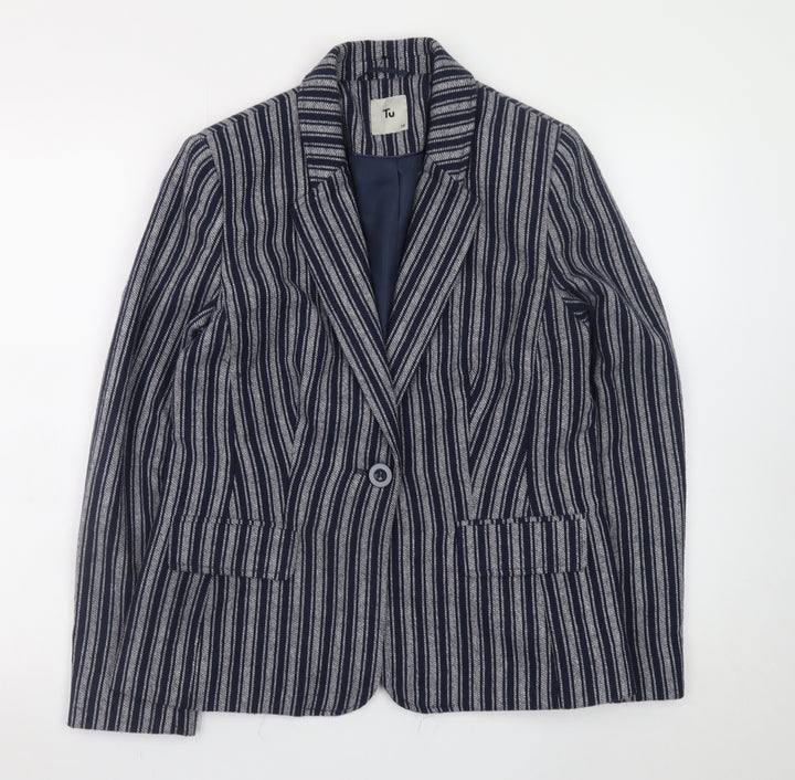 Tu Women Blue Striped Blazer Size 12 Single-Breasted Work Jacket