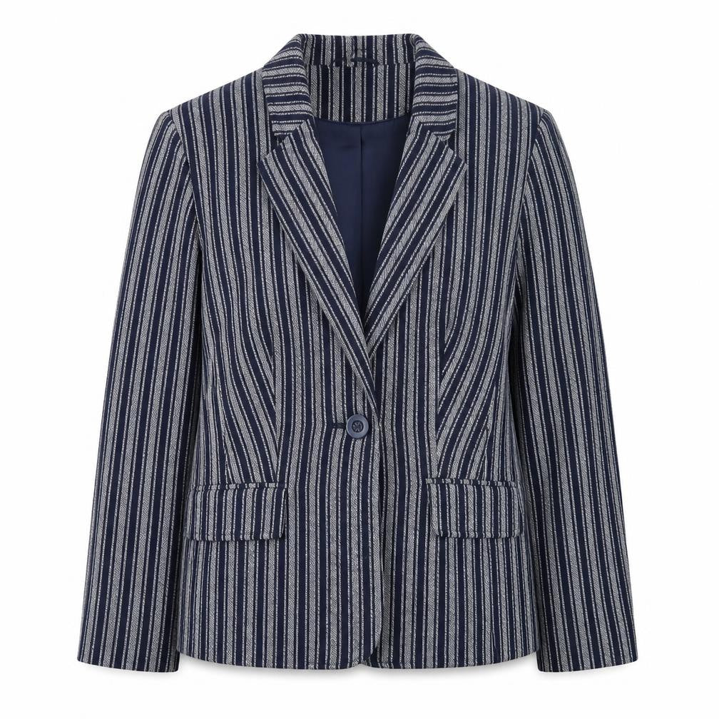 Front view of Tu Women Blue Striped Blazer, size 12, Single-Breasted Work Jacket