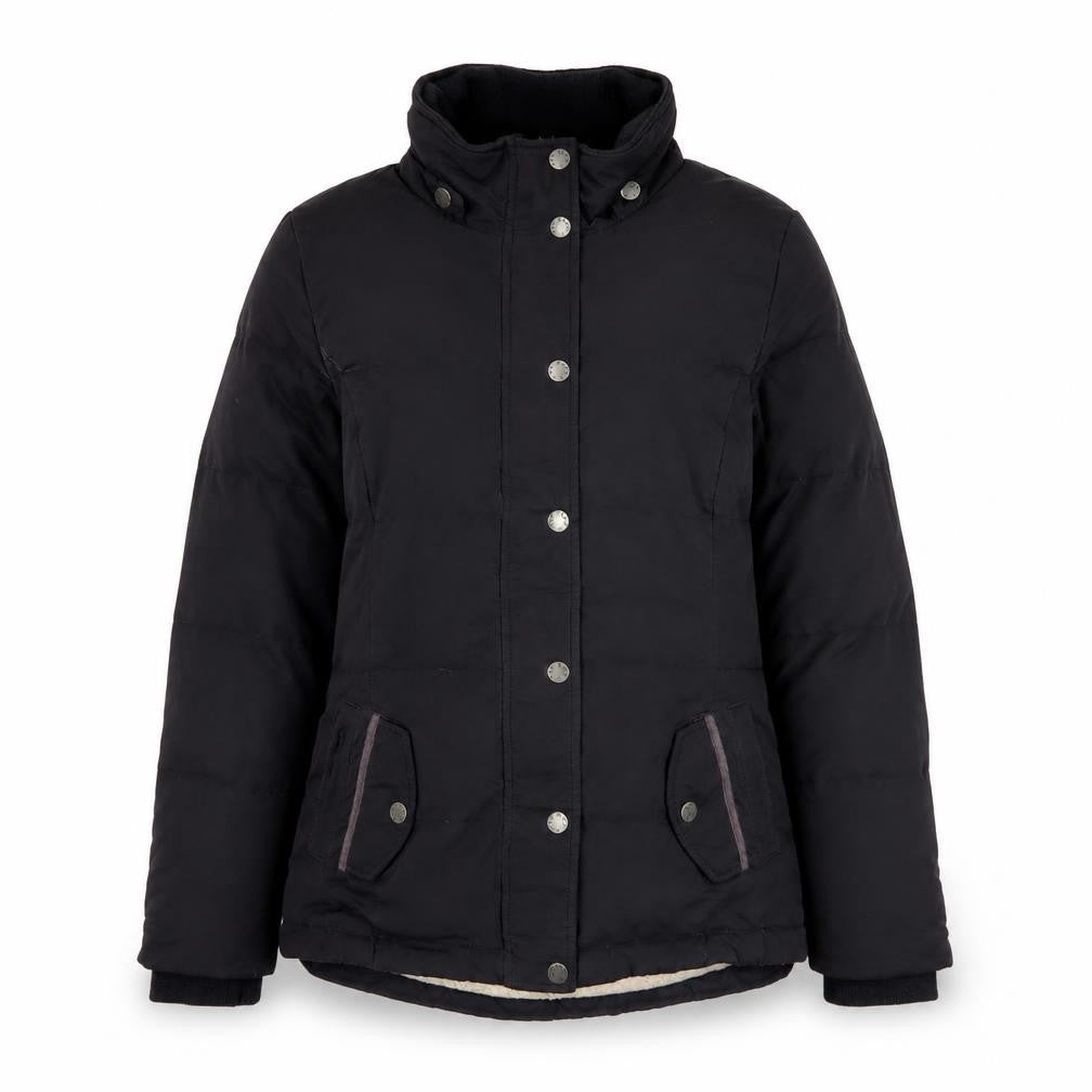 Front view of FatFace Women's Black Mid-Length Puffer Jacket, size 10