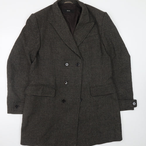 Hugo Boss Men's Grey Checked Wool Overcoat Size 42R Classic Double-Breasted