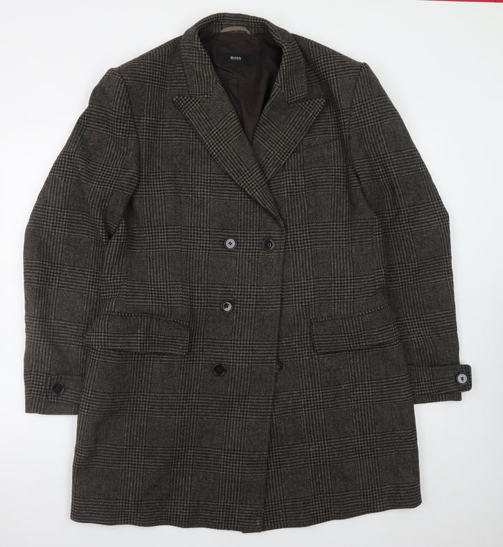 Hugo Boss Men's Grey Checked Wool Overcoat Size 42R Classic Double-Breasted