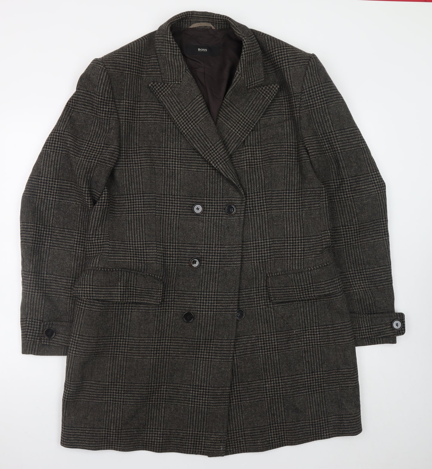 Hugo Boss Men's Grey Checked Wool Overcoat Size 42R Classic Double-Breasted