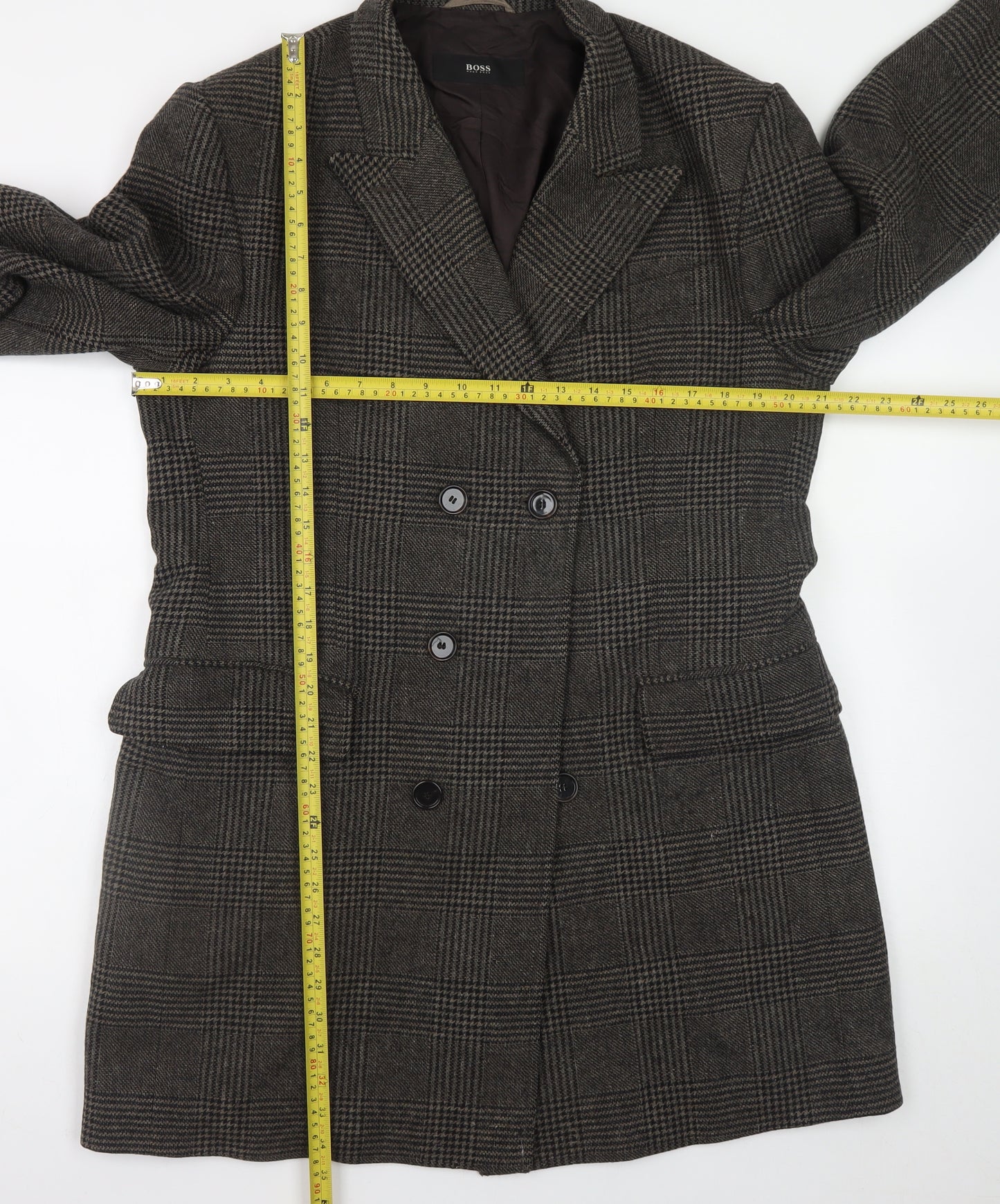 Hugo Boss Men's Grey Checked Wool Overcoat Size 42R Classic Double-Breasted