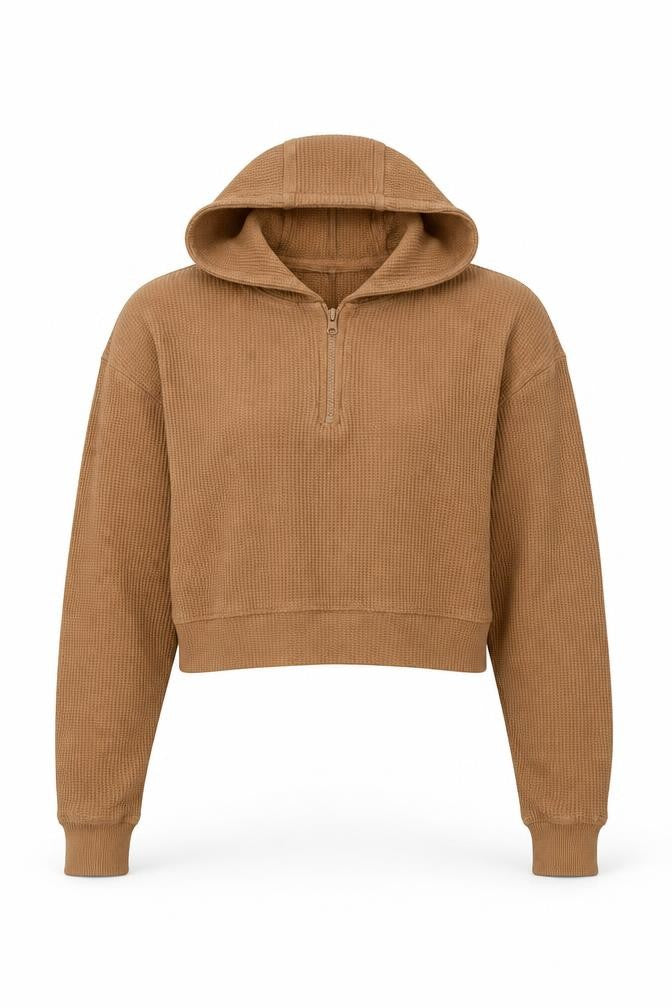 Front view of Threadbare Women’s Beige 1/4 Zip Hooded Pullover Hoodie, size UK 6