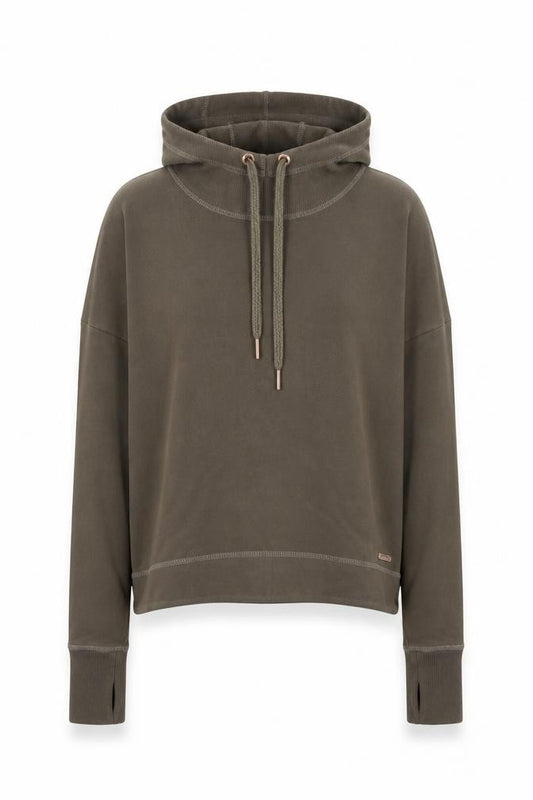 Front view of Sweaty Betty women’s brown drawstring hooded pullover sweatshirt m