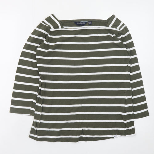 Regatta Women Green White Striped 3/4 Sleeve Cotton Boat Neck Top Size 12