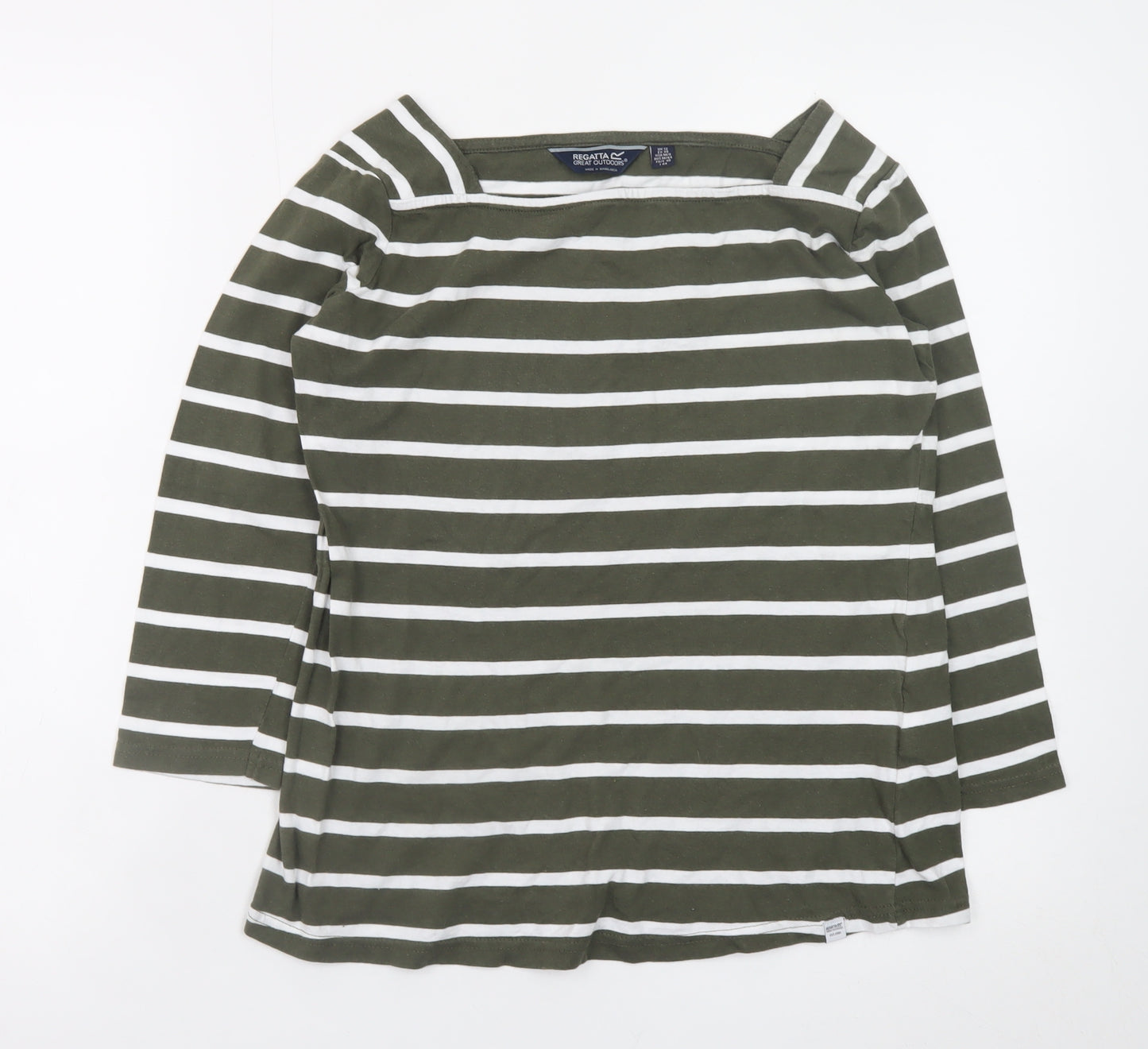 Regatta Women Green White Striped 3/4 Sleeve Cotton Boat Neck Top Size 12