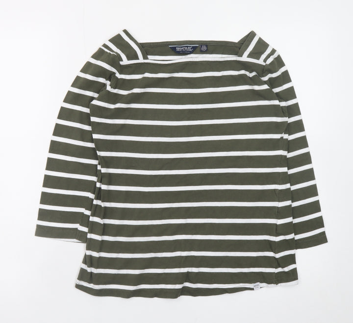 Regatta Women Green White Striped 3/4 Sleeve Cotton Boat Neck Top Size 12