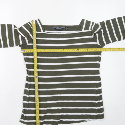 Regatta Women Green White Striped 3/4 Sleeve Cotton Boat Neck Top Size 12