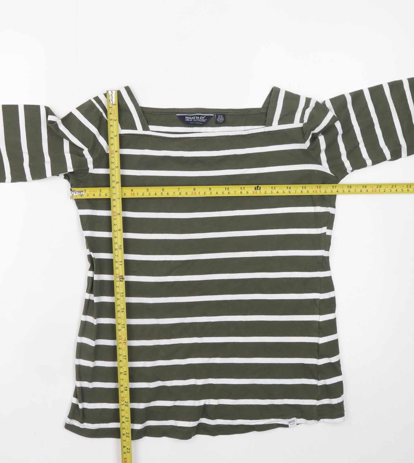 Regatta Women Green White Striped 3/4 Sleeve Cotton Boat Neck Top Size 12