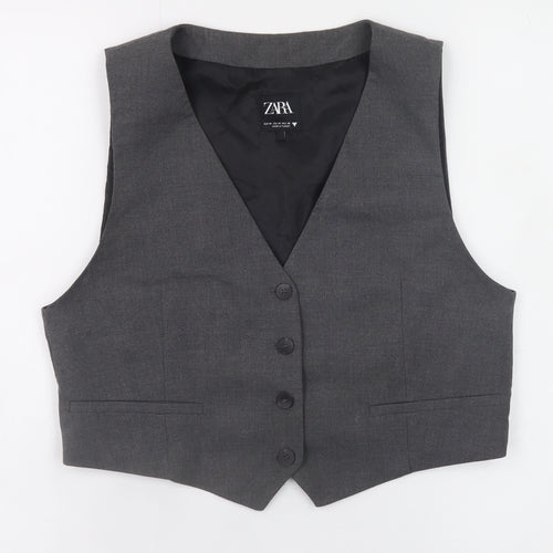 ZARA Women Grey Sleeveless V-Neck Classic Button Blouse M