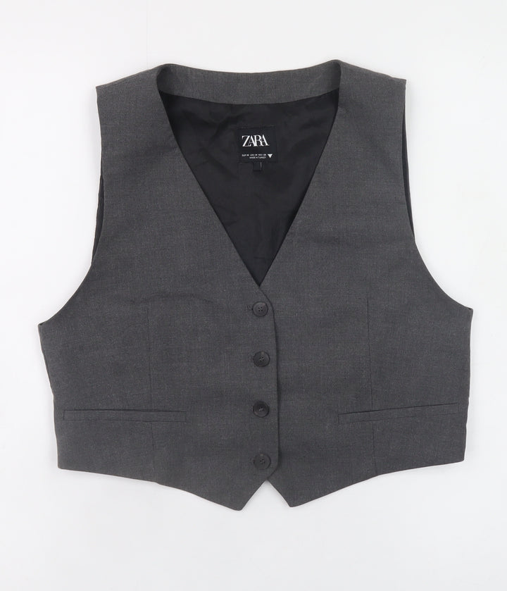 ZARA Women Grey Sleeveless V-Neck Classic Button Blouse M